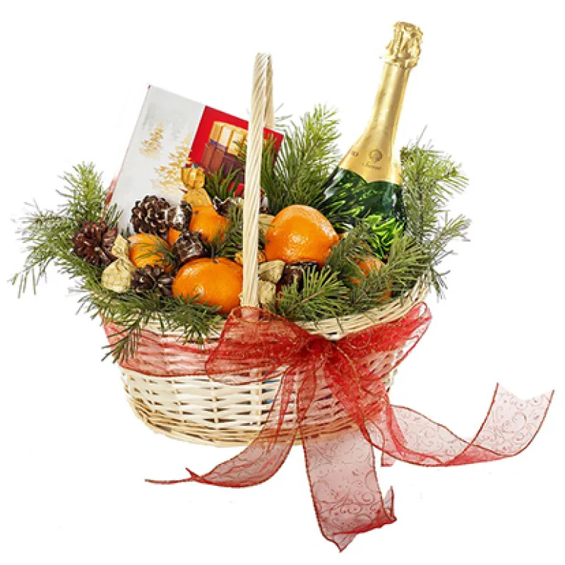 Корзина Новогодняя с Шампанским и конфетами, доставка Куса